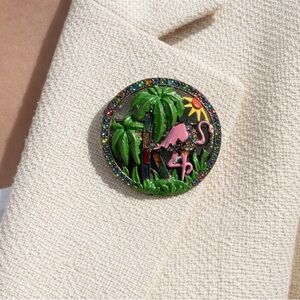 Vintage Enamel Flamingo Brooch – Mid-Century Tropical Rhinestone Pin